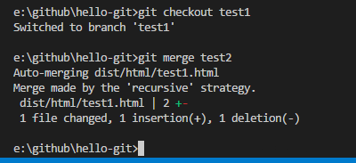 7.切换到test1,merge test2的修改